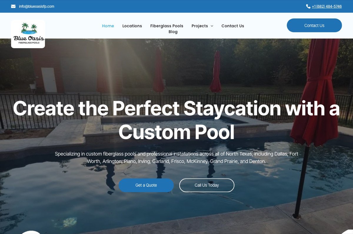 Kuvakaappaus sivustosta: Blue Oasis Fiberglass Pools