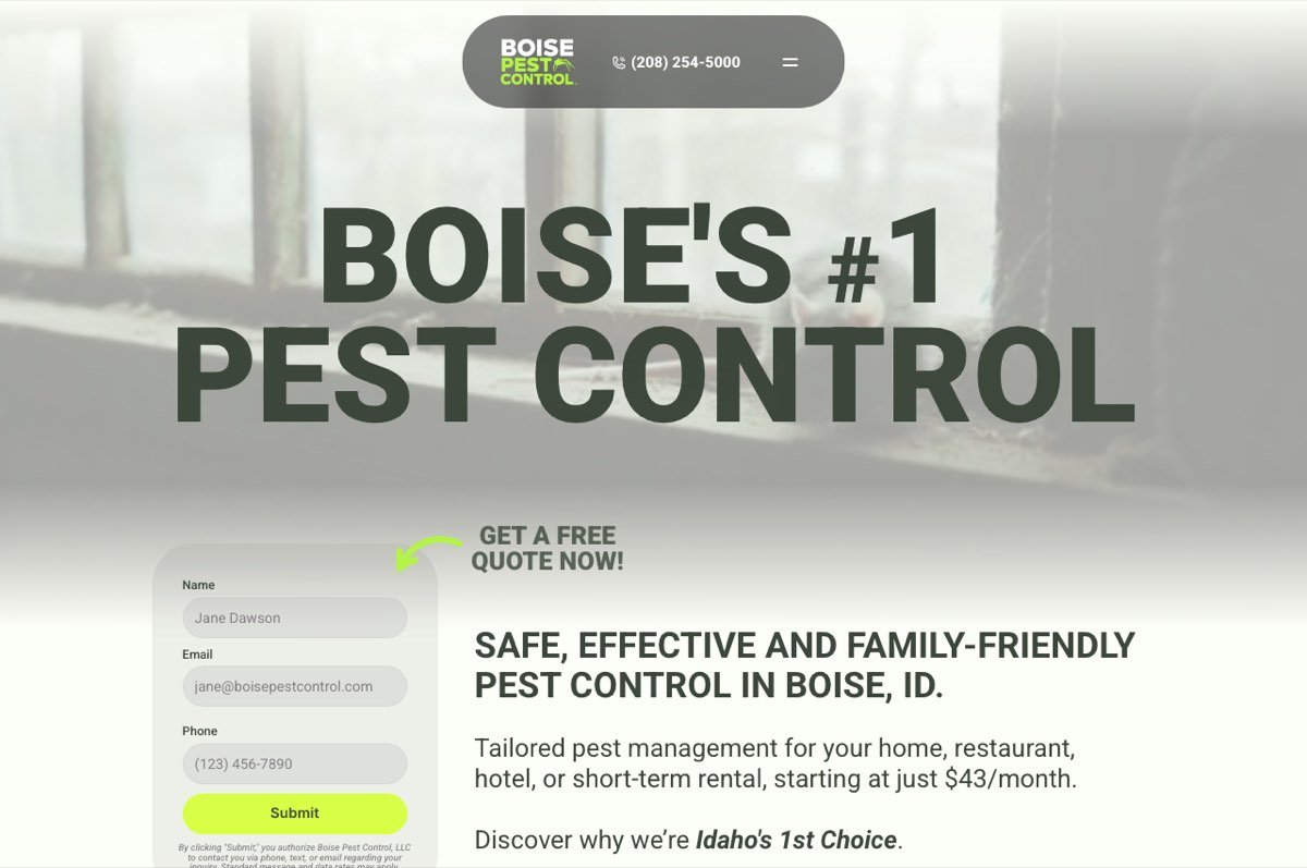 Kuvakaappaus sivustosta: Boise Pest Control